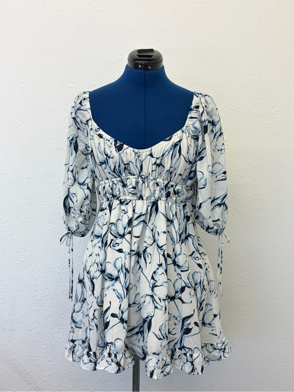 NWT! Open Edit Ivory Blue Floral Mini Dress Size S